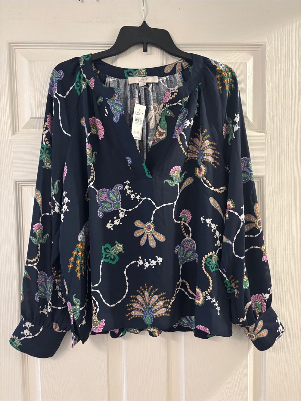 LOFT Navy Floral Paisley Long Sleeve Blouse